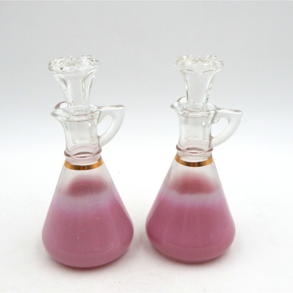 Blendo Pink Cruet Pair Ombre West Virginia Glass Co. Gold Band 6 Inch